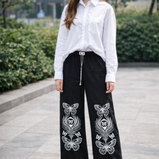 BLACK BUTTERFLY PRINT WIDE-LEG JEANS FLYPER